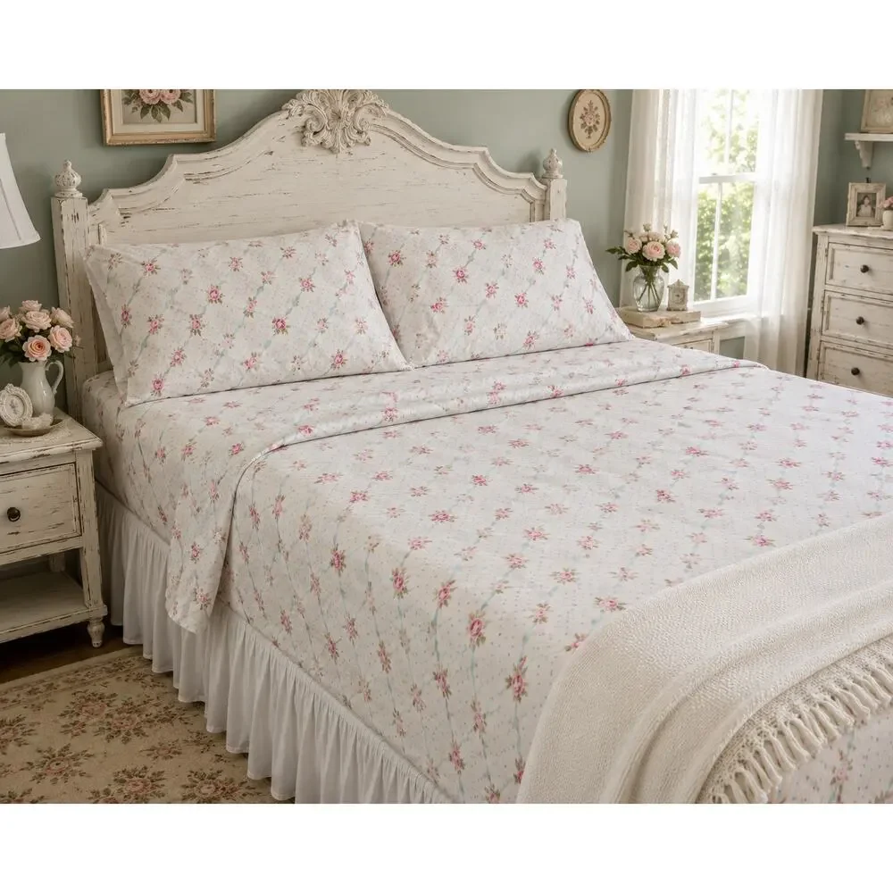 Simply Shabby Chic King Parlor Trellis Rose Sheets Floral Cottagecore Cotton 2PC
